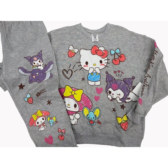 Hello Kitty & Friends Womens L 12-14 Gray Sweatshirt Joggers 2pc Set New - Picture 1 of 7